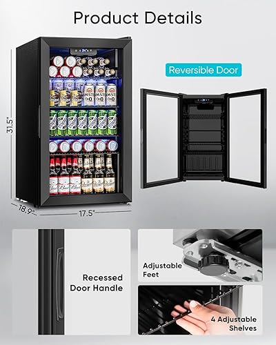 Miniatura 7 de Feelfunn Refrigerador de bebidas  Mini refrigerador con puerta de vidrio para 126 latas para refrescos, cervezas, vino, nevera de bebidas