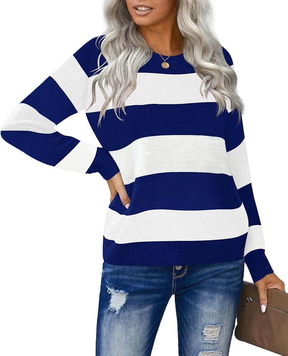 firfig Womens Pullover Sweater Shirts Blue White Knitted Sweater Blue S : Clothing, Shoes & Jewelry
