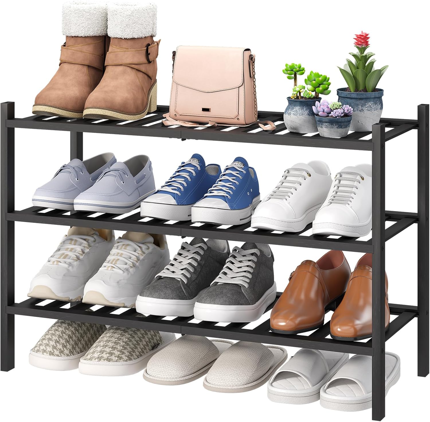 viewcare 3-Tier Black Bamboo Shoe Rack for Entryway, Stackable | Foldable | Natural, Shoe Shelf Storage Organizer for Hallway Closet, Free Standing Shoe Racks for Indoor Outdoor