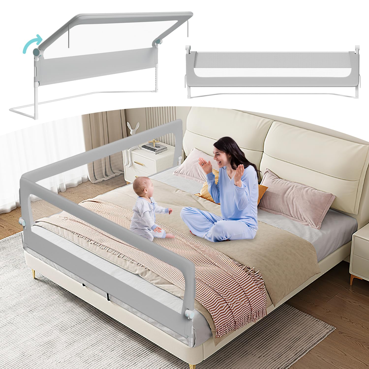 Tubiaz 2 x 180 cm + 1 x 150 cm, griglia di protezione per letto per bambini, pieghevole a 180 gradi, altezza regolabile 72 – 86 cm, griglia per lettino con piedini trapezoidali e cinghie di fissaggio,