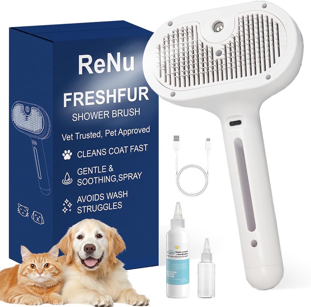 Cepillo de vapor para mascotas para gatos y perros, peine autolimpiante de niebla fría, blanco | Cepillo para mascotas de niebla fría con liberación de cabello autolimpiante, cerdas de acero inoxidable y esencia de aseo de 120 ml para perros y gatos