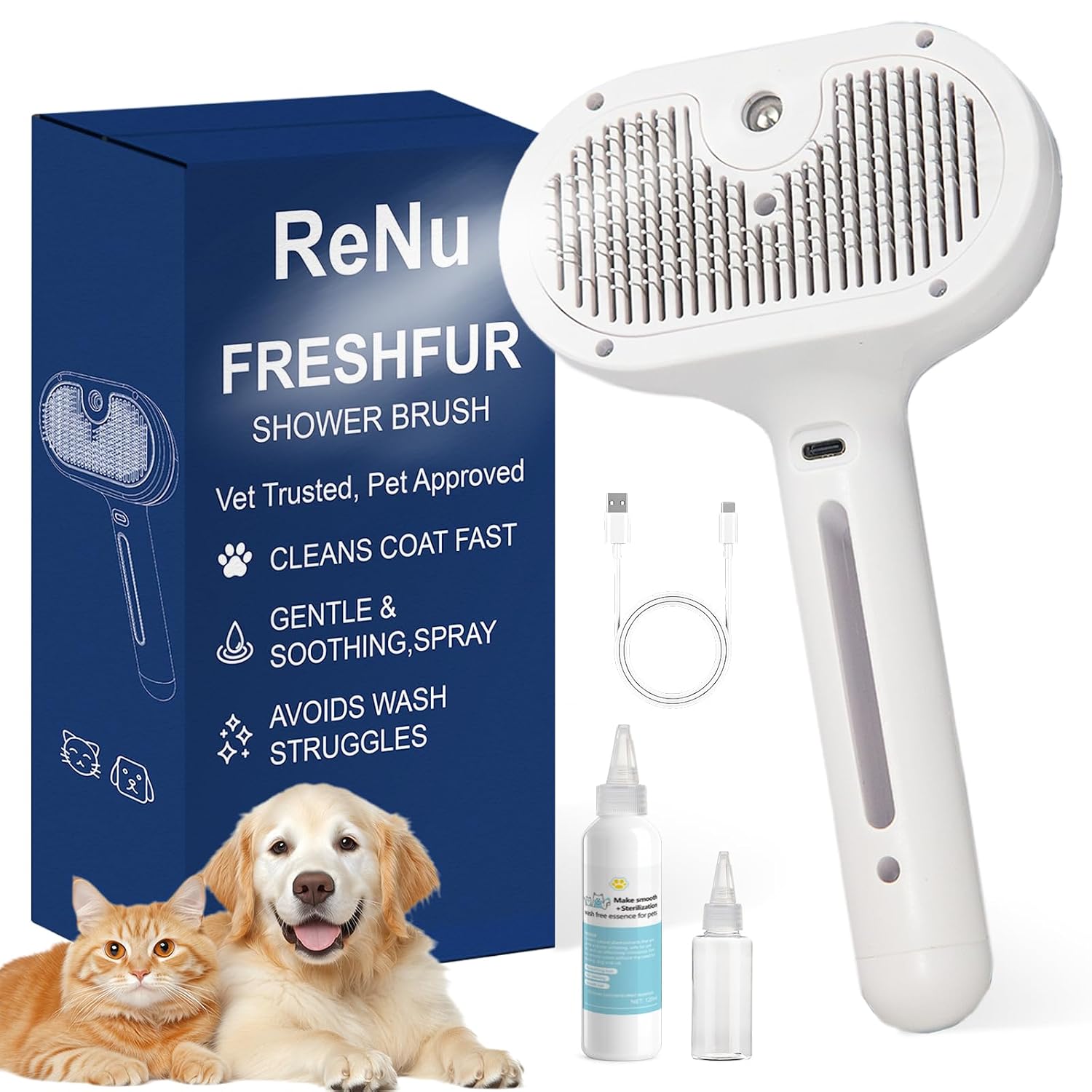 Pet Steam Brush for Cats & Dogs, Cool Mist Self-Cleaning Comb, White | Cool mist pet brush with self-cleaning hair release, stainless steel bristles and 120ML grooming essence for cats and dogs
