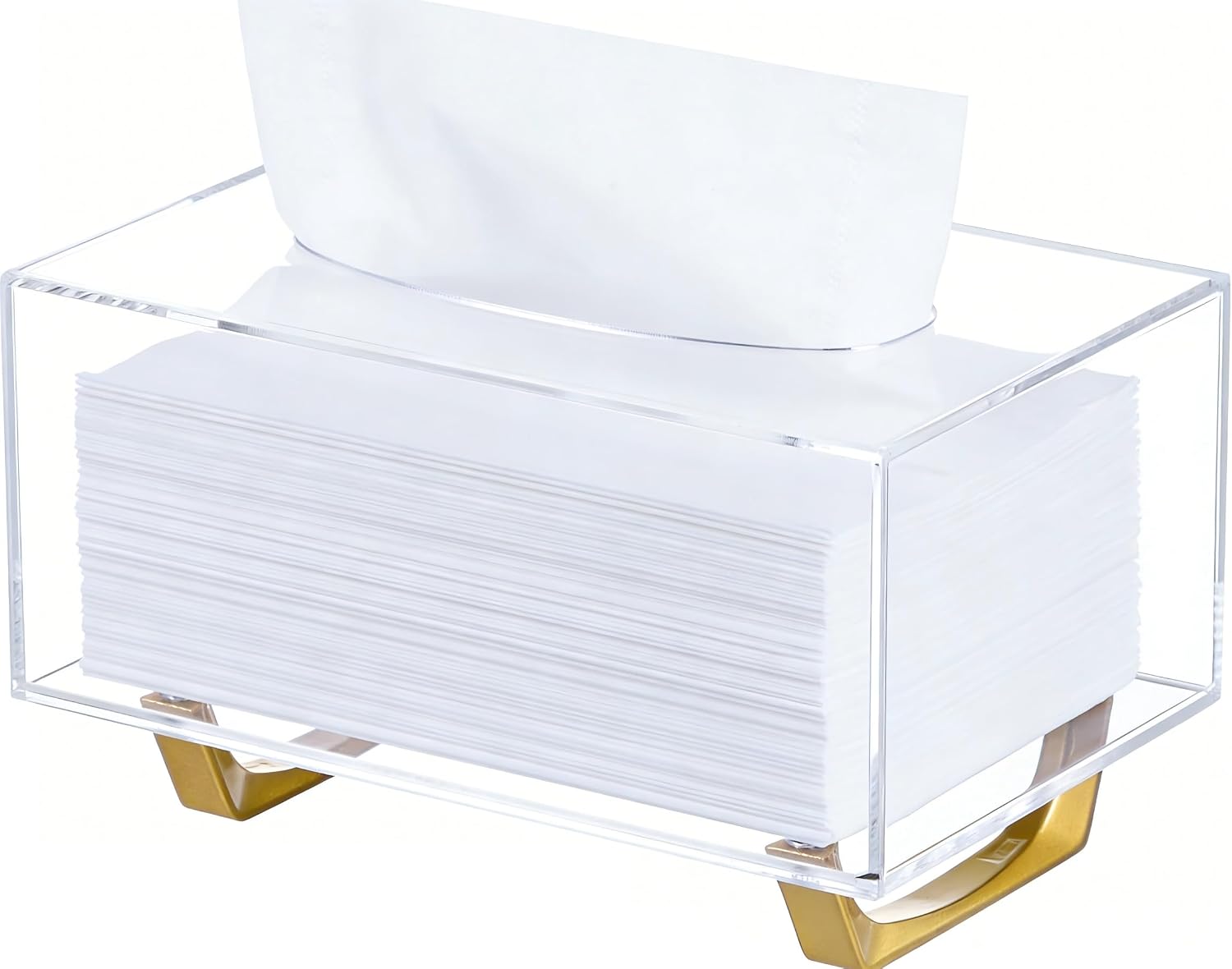 HBlife Clear Tissue Box Cover Rectangle Acrylic Tissue Box Holder with Gold Plated Legs Napkin Dispenser Dryer Sheet Container for Bathroom