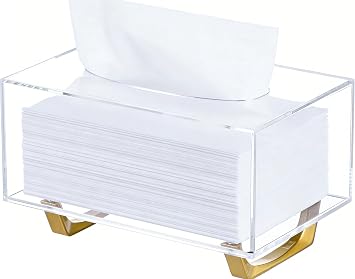 HBlife Clear Tissue Box Cover مستطيل أكريليك حامل صندوق مع أرجل مطلية بالذهب منديل موزع ورقة حاوية للحمام
