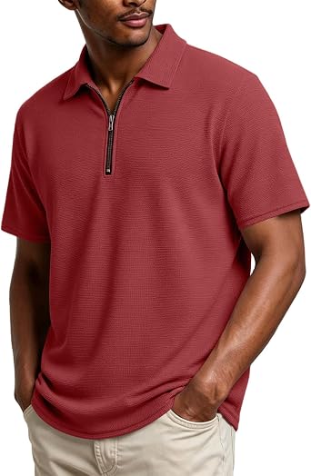 Mens Waffle Knit Quarter Zip Pullover Summer Casual Short Sleeve Golf Work Collared Shirts