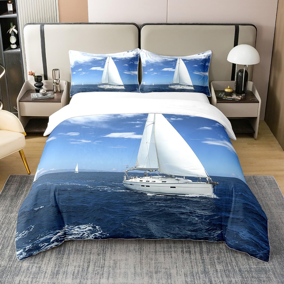 100% Baumwolle Segelboot Tröster Abdeckung Nautische Bettwäsche Set Meereswellen Bettbezug Sea Landscape, Blau Atmungsaktive Dekoration 1 Bettbezug Mit 1 Kissenbezug 155x220