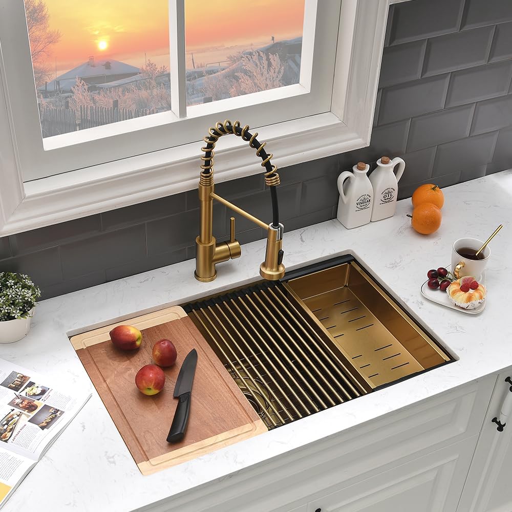 Gold Kitchen Sink Undermount-VASOYO 30x19 Inch Undermount Kitchen Sink Workstation 16 Gauge Brushed Gold Stainless Steel Sinks Under Mount Deep Single Bowl with Cutting Board