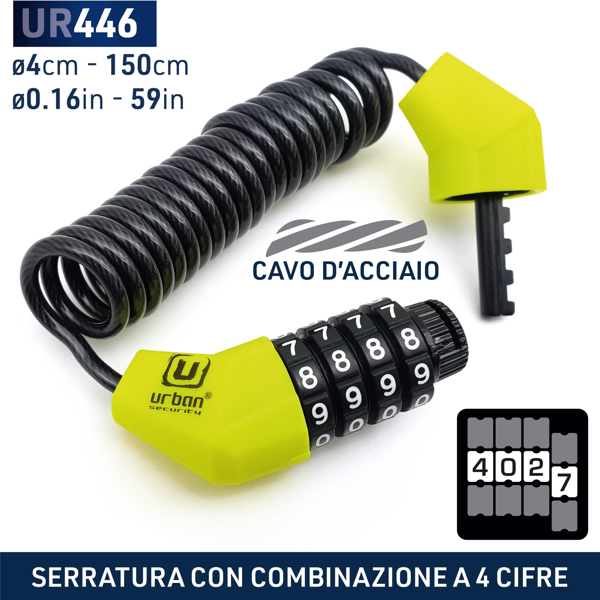 URBAN UR446 Antifurto Casco Moto Lucchetto con Codice Cavo Blocco Bicicletta Caschi Catena Bici Acciaio Rullo Cavetto Combinazione Codice Ø4, 150cm Leggero Mini Monopattino Lucchetti Tsa Bagaglio