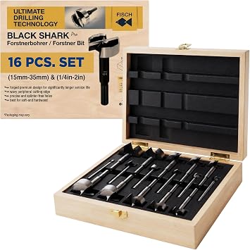Fisch FSA-375005 16 Piece Black Shark Forstner Drill Bit Combo Set Custom Wooden Box Includes Bits from 15mm up to 35mm and 1/4-inch up to 2-inch Diameter Forged Steel Made in Austria