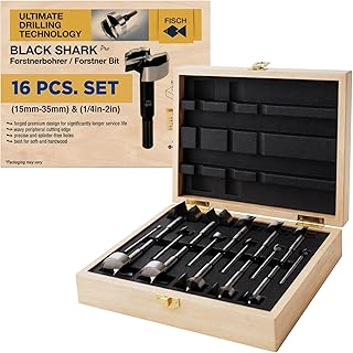 Fisch Black Shark Forged Steel Forstner Drill Bit Set for Woodworking, Precision Wave Design, Clean Cuts in Hardwoods, MDF, and Plywood, Made in Austria - 16 Pcs. Set (15mm-35mm) & (1/4in-2in)