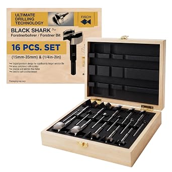 Fisch Black Shark Forged Steel Forstner Drill Bit Set for Woodworking, Precision Wave Design, Clean Cuts in Hardwoods, MDF, and Plywood, Made in Austria - 16 Pcs. Set 15mm-35mm & 1/4in-2in