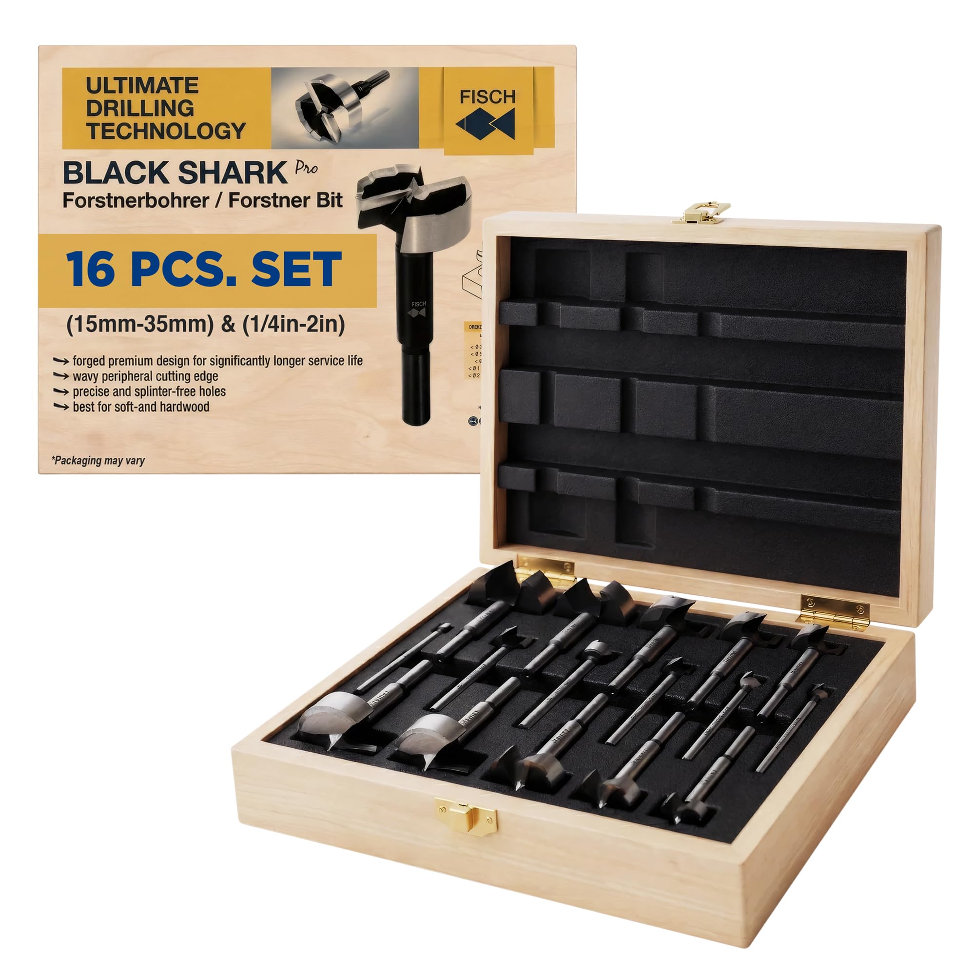 Fisch FSA-375005 16 Piece Black Shark Forstner Drill Bit Combo Set Custom Wooden Box Includes Bits from 15mm up to 35mm and 1/4-inch up to 2-inch Diameter Forged Steel Made in Austria