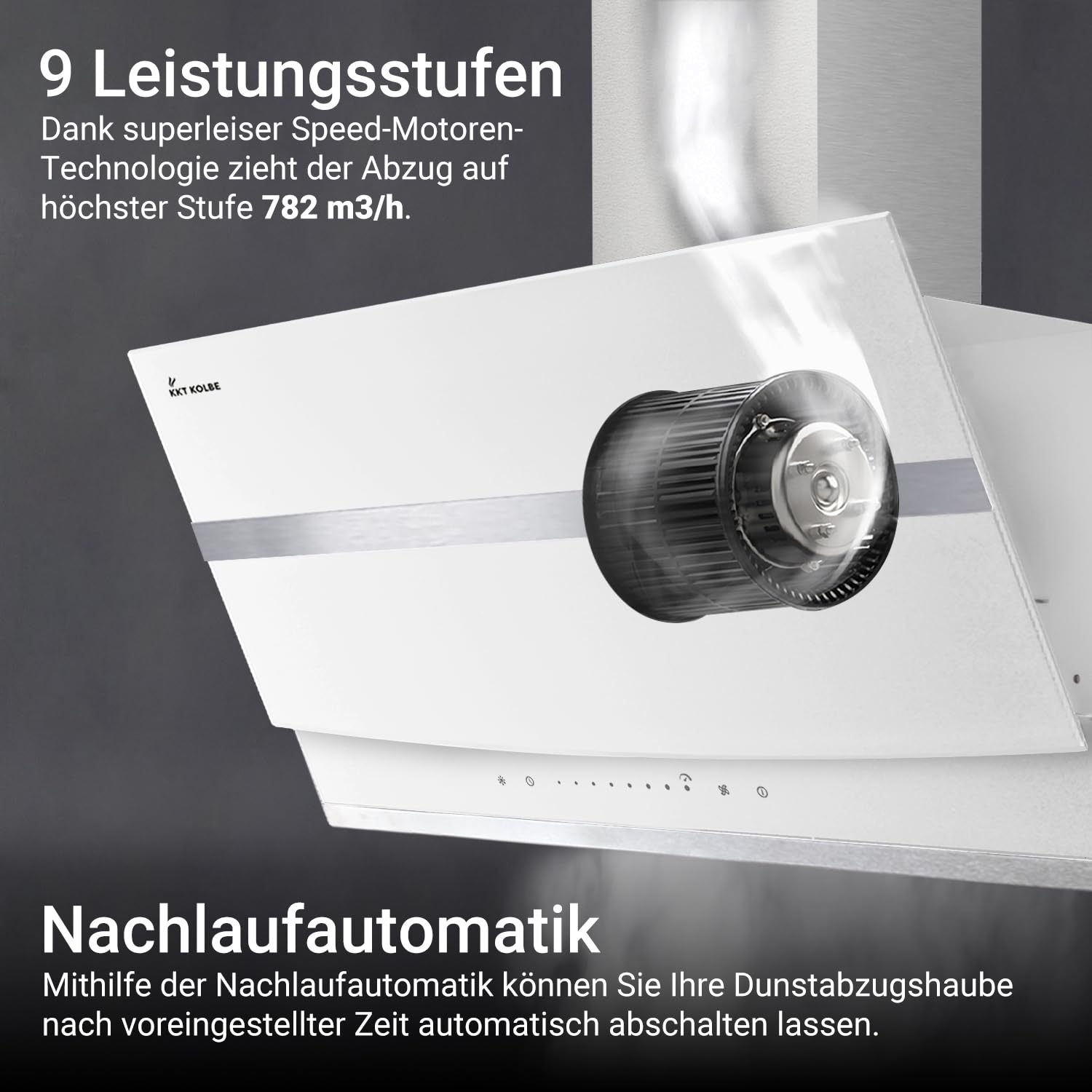 KKT KOLBE Hotte murale inclinée A+++ 80 cm | 782 m³/h recyclage ou évacuation | tête libre | inox et verre blanc | WiFi Smart App | LED RGBW | commande SensorTouch | HERMES8005WM