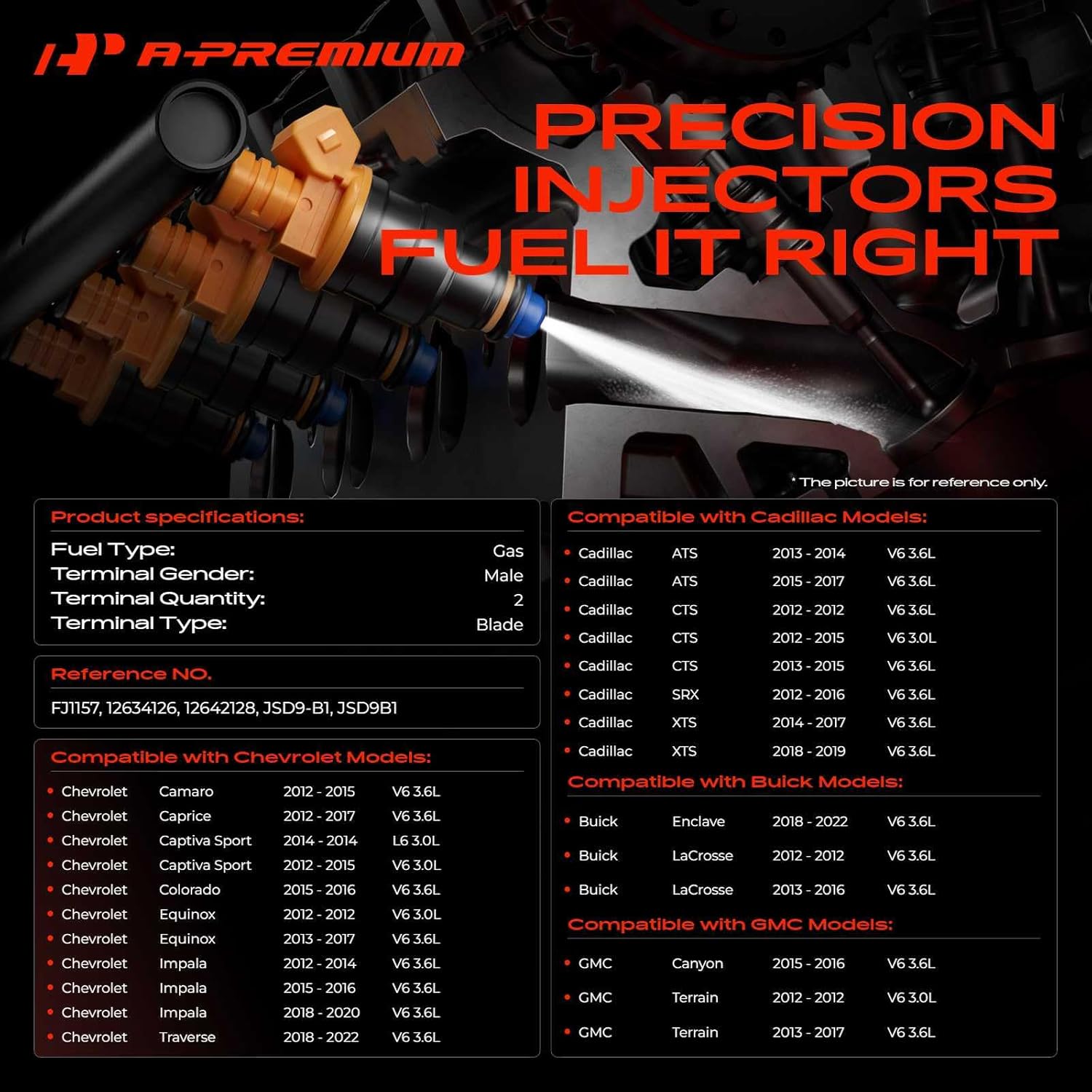 A-Premium Fuel Injectors Compatible with Chevrolet Equinox 12-17, Traverse, Impala, Camaro, Colorado, Caprice (Sport) & GMC Terrain, Canyon & Buick Enclave, LaCrosse & Cadillac SRX, CTS, XTS, ATS