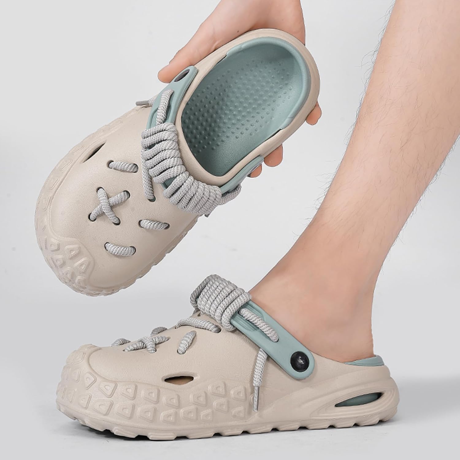Men EVA Cutout Platform Clog Slides with Lace Fashion Round Toe Thick Bottom Soft Sole Mule Hole Shoes for Summer Casual Beach Pool Outdoor Home