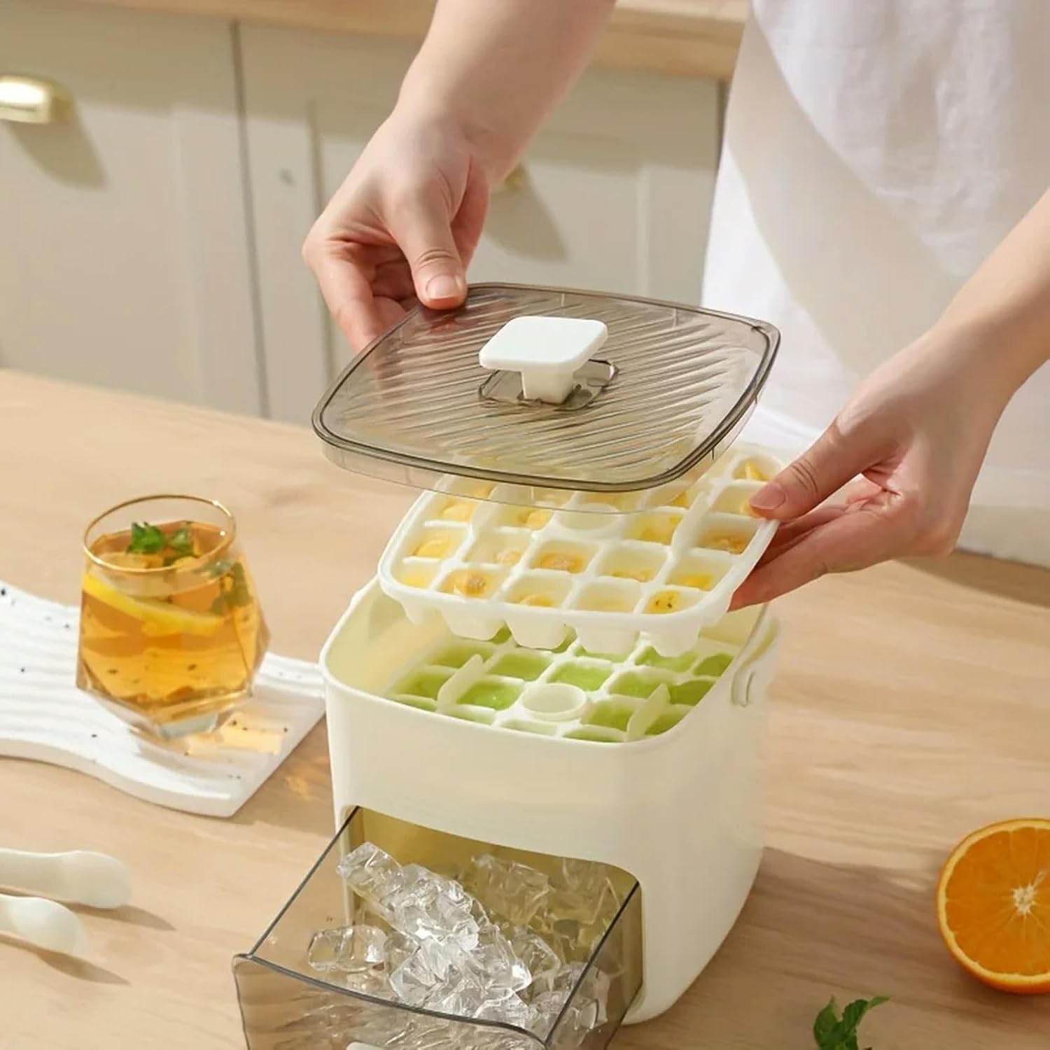 48 Grid Handheld Press Type Ice Cube Mold Double-Layer Design Essential Kitchen Tool Refrigerators-White
