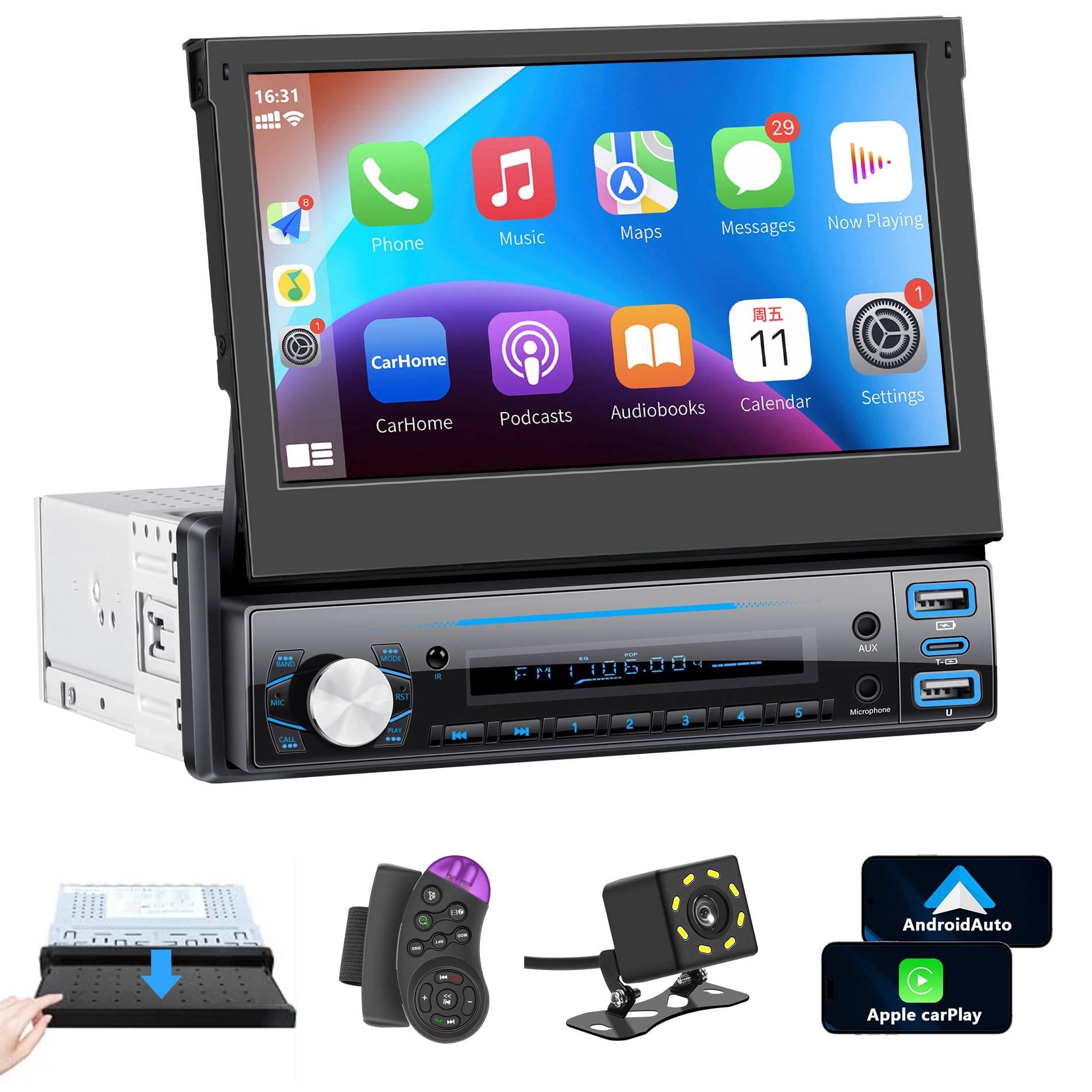 Radio de Coche 1 DIN con Carplay Wireless ＆ Android Auto, estéreo de Oculto con Pantalla de 7 Pulgadas con receptores de de Coche Bluetooth, cámara de Seguridad, Mirror Link, Soporte FM/AUX/EQ