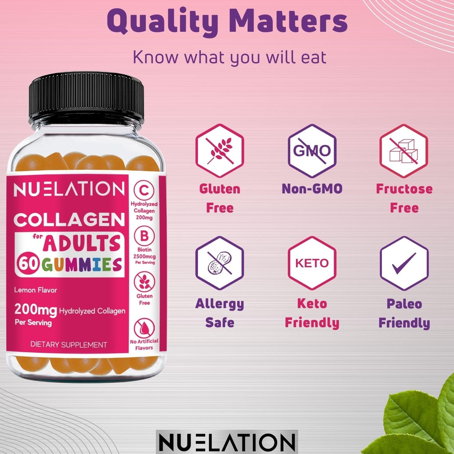 NUELATION 200mg Hydrolyzed Collagen Gummies with 2500mcg Biotin