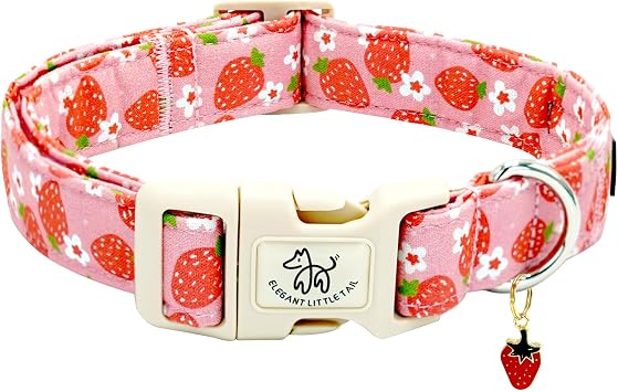 Elegant little tail Dog Collar, Strawberry Pattern Pet Collar Pink Durable Spring Female Spring Collar Adjustable Cotton Pet Collar with Quick Release Buckle for Medium Dogs