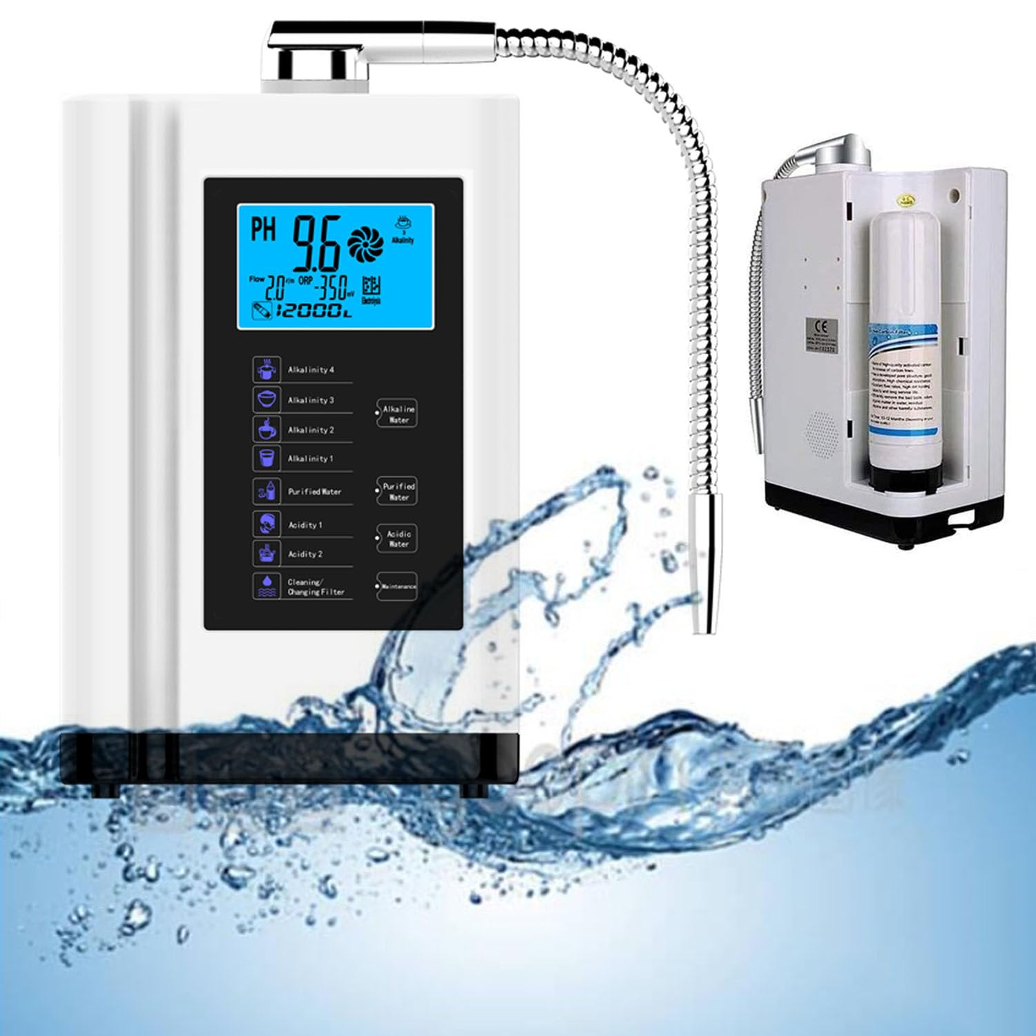 Máquina ionizadora de agua alcalina, filtración doméstico que produce agua con pH de 3,5 a 10,5, 7 configuraciones de agua, hasta -500 mV ORP, limpieza automática, voz inteligente,White