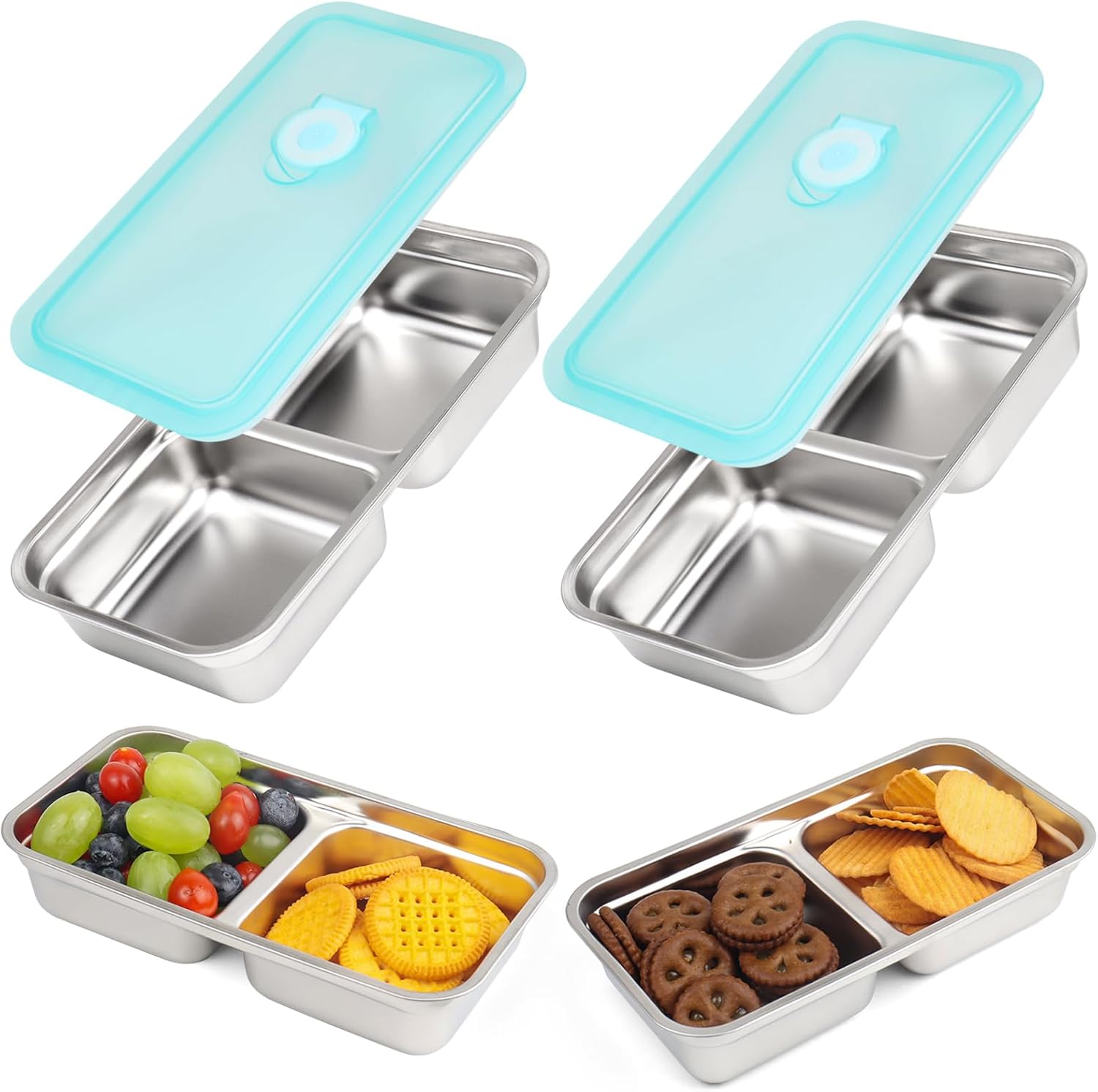 Stainless Steel Snack Containers, 2 Pack Grab and Go Snack Containers Reusable, Double Compartment Food Storage Containers with Lids for Travel and Outdoor Camping