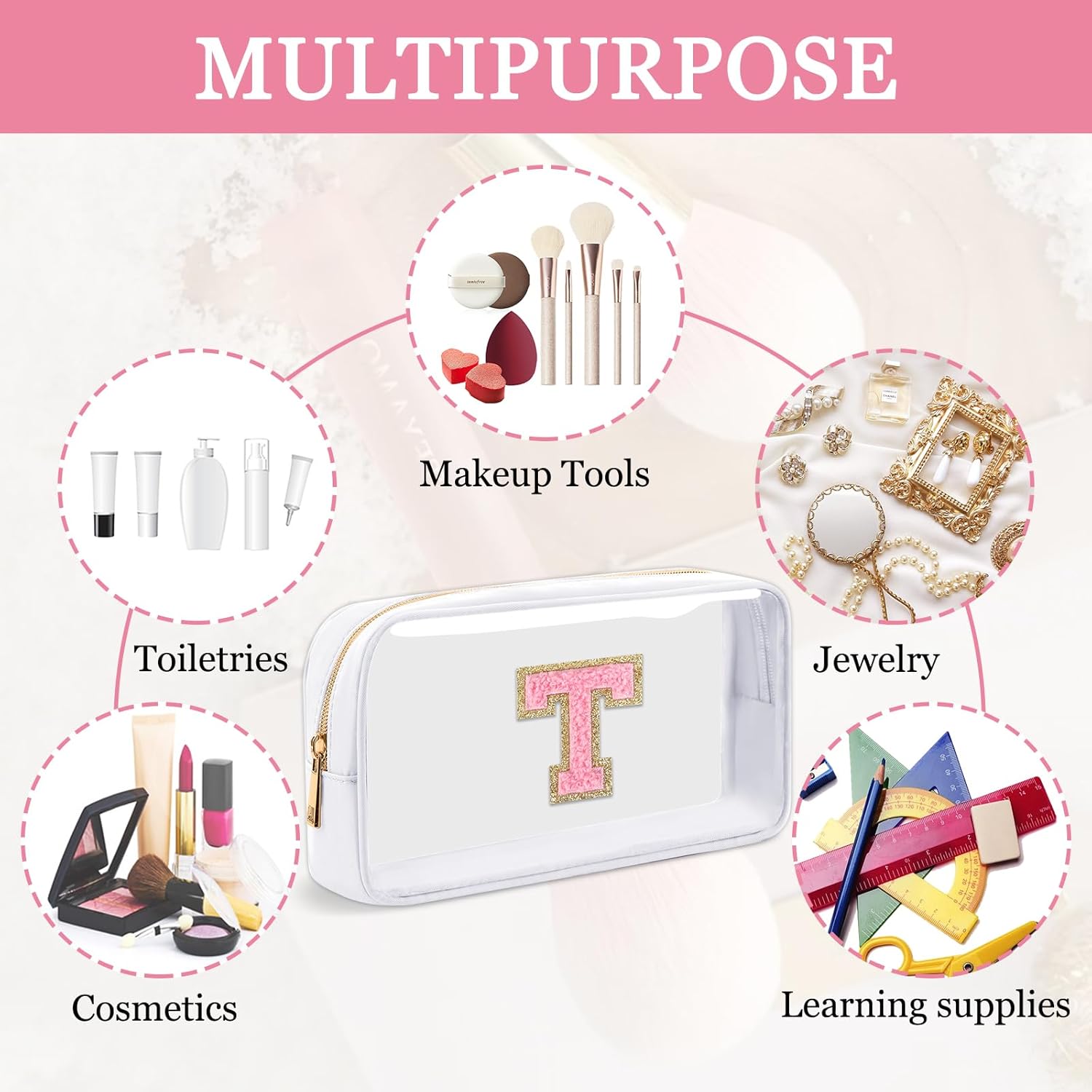 Small Clear Personalized Initial Makeup Bag, Preppy Nylon A-Z Chenille Letter Patch Makeup Organizer TSA Approved Travel Toiletry Bag,Waterproof Zip Beach Cosmetic Pouch Purse for Women(White-Pink T) - Image 4