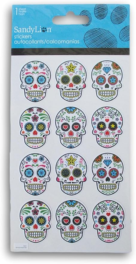 Sugar Skull Stickers for Crafts - Day of The Dead Stickers - 12 Pieces