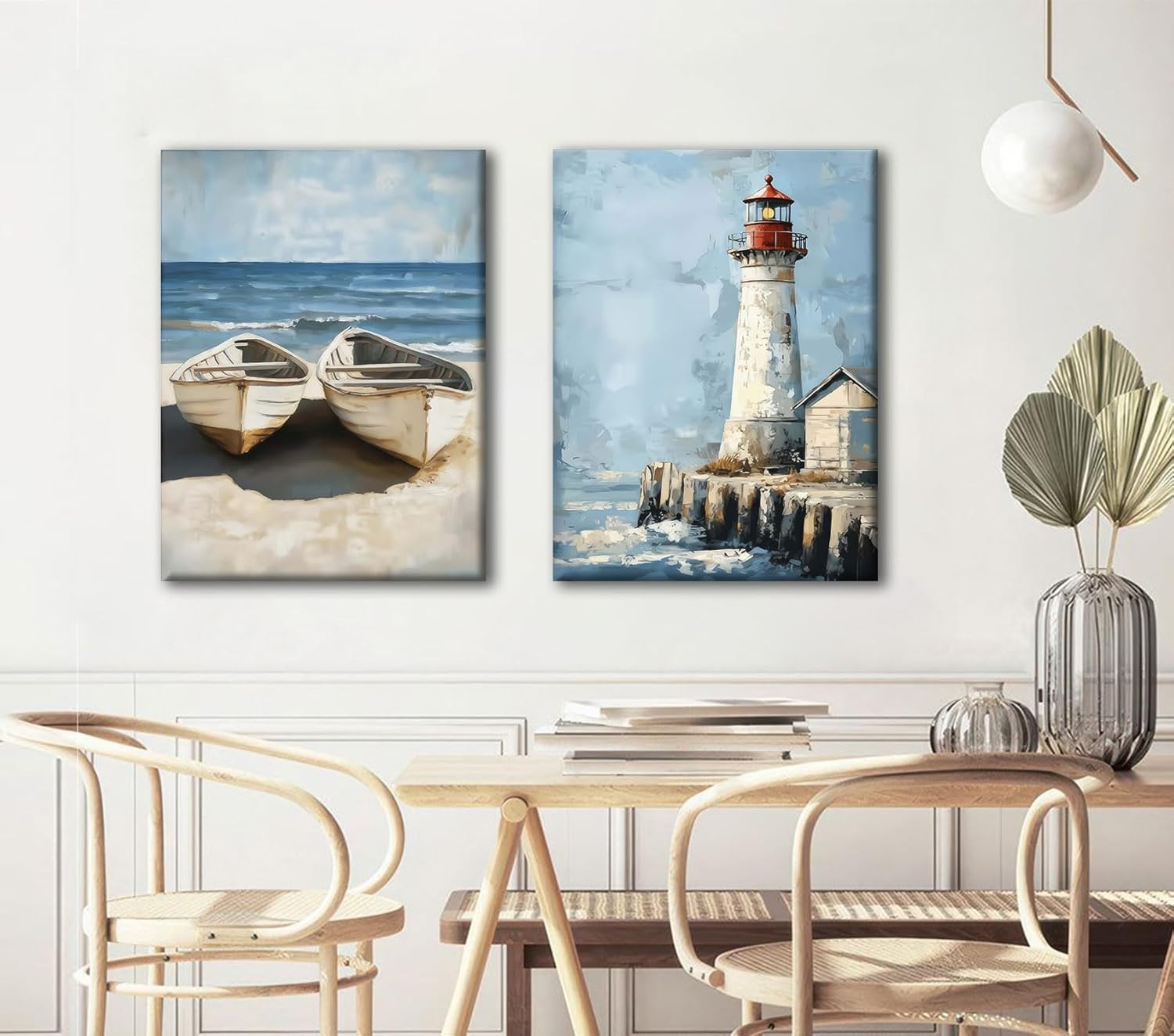 RJETZMU 3 Pcs Coastal Canvas Wall Art, Seagull Boat and Lighthouse Beach Ocean Gallery Wrapped Canvas Prints, Coastal Home Decor for Living Room Bedroom Bathroom, 12x16 Inch, Ready to Hang