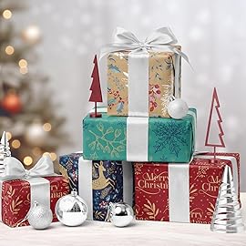 RUSPEPA Christmas Kraft Wrapping Paper - Reindeer, Berry Leaf and Text Design - 4 Rolls - 30 inches x 10 feet per Roll