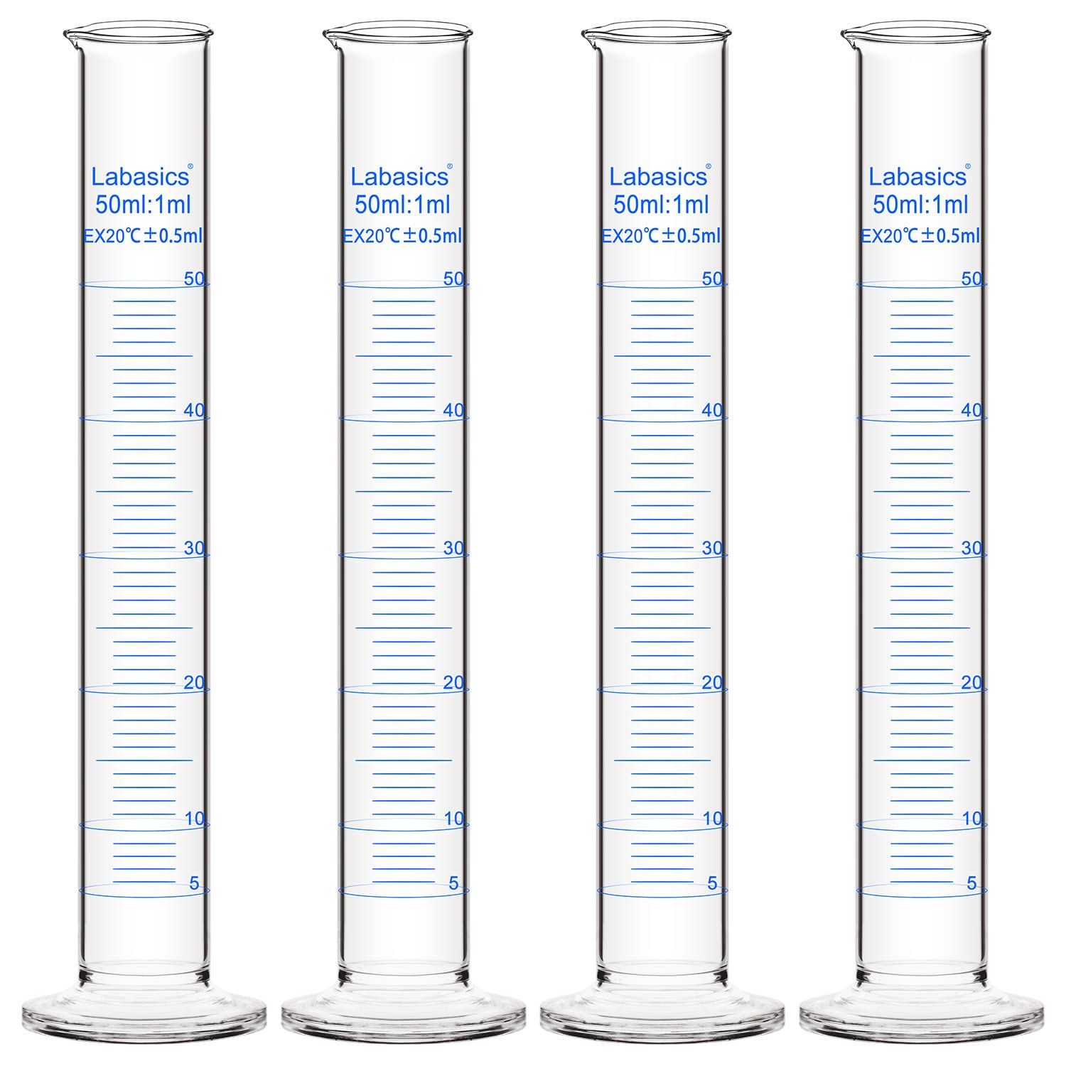 Labasics 4-Pack Borosilicate Glass 50 ml Heavy Wall Graduated Cylinder Measuring Cylinder