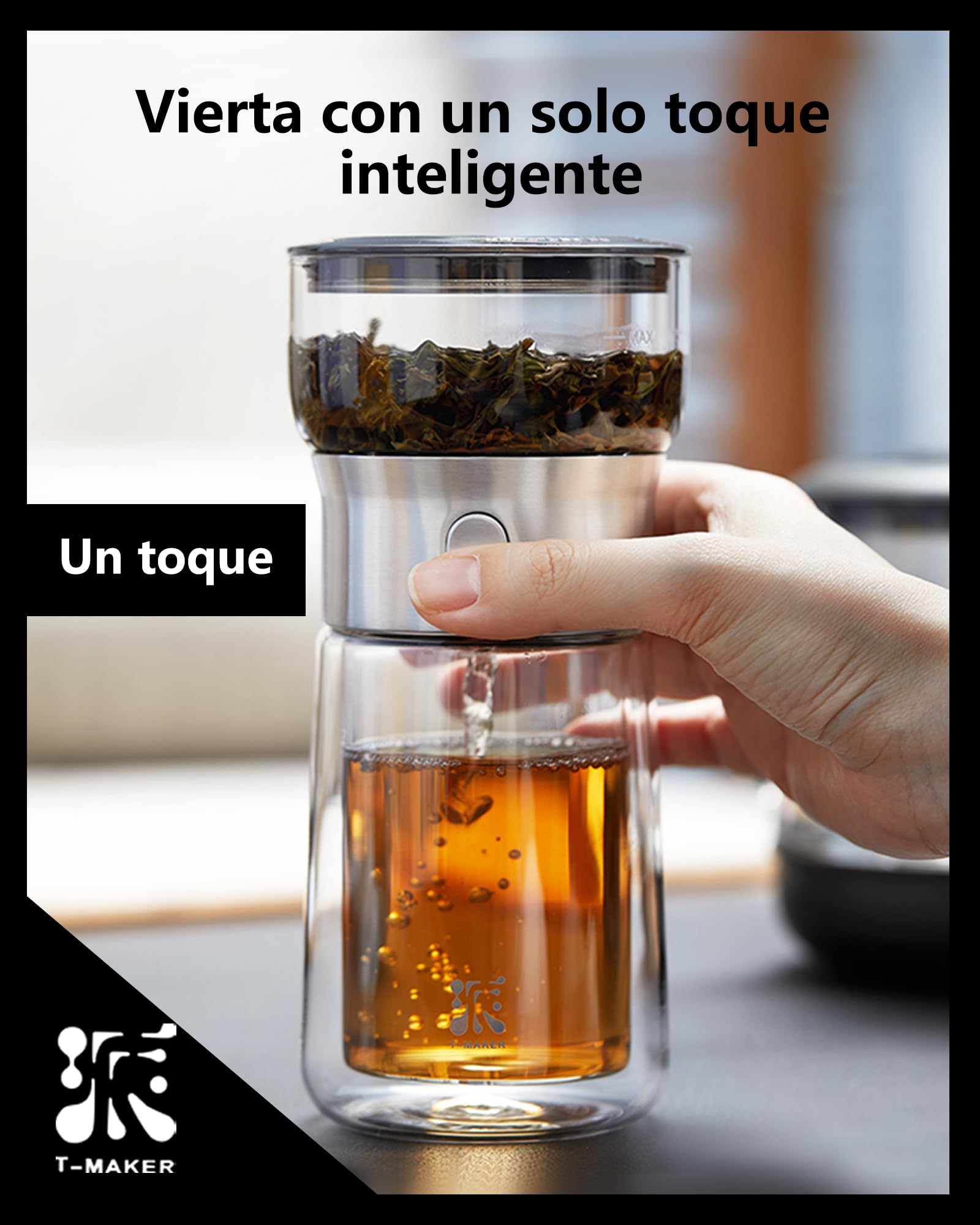 ZENS Tetera de cristal con Infusor, mágico con un solo toque drain tetera para té en,teapots con filtro con taza de doble pared y Negro estuche portátil para los amantes del té.
