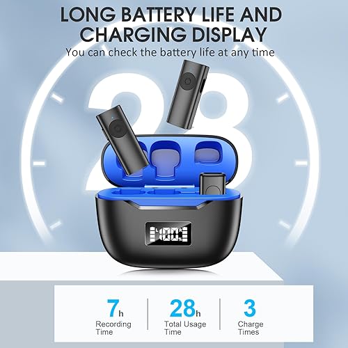 Miniatura 4 de Puqo Micrófono Lavalier inalámbrico para iPhone iPad, paquete de 2 micrófonos de solapa con chip de reducción de ruido integrado, tiempo de trabajo