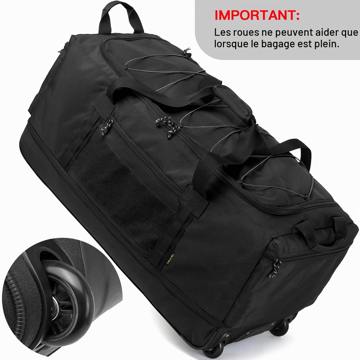 Laripwit Sac de Voyage Pliable à roulettes XXL 130-170L Extensible Sac de Sport avec roulettes 36'' Extra Large Sac à Bagages Souple avec Poignées Multiples, Noir