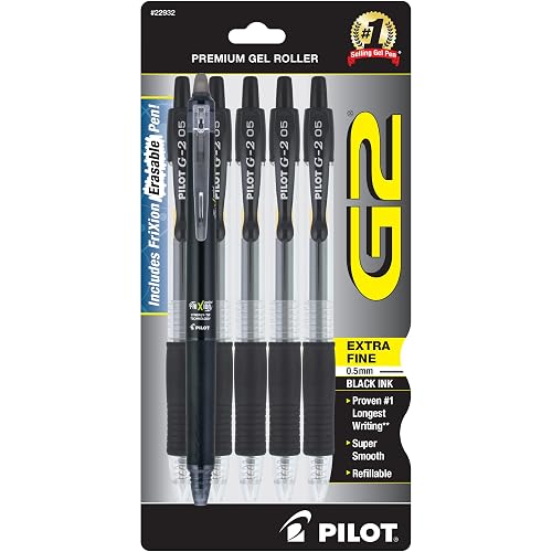 Pilot G2 + FriXion Synergy Companion Pack, 0.5mm Extra Fine Point, Black Ink, Premium Gel Roller 6 Pack - for School, Office and Business Use
