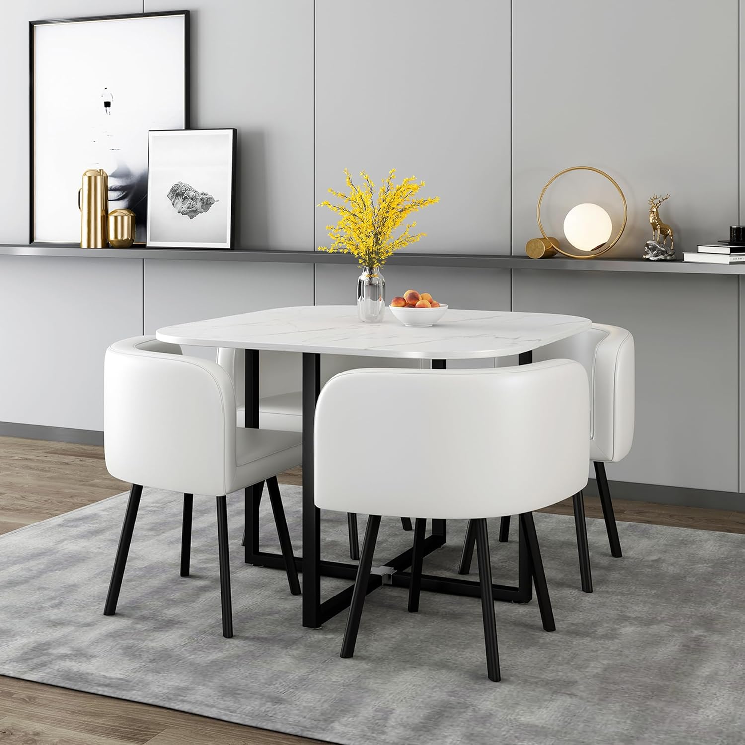 Square Dining Table Set for 4, 39" Small Conference Tables Set, Faux Marble Negotiation Table with Strong Metal Frame and 4 Black PU Leather Upholstered Chairs, for Meeting Room, Office, Apartment