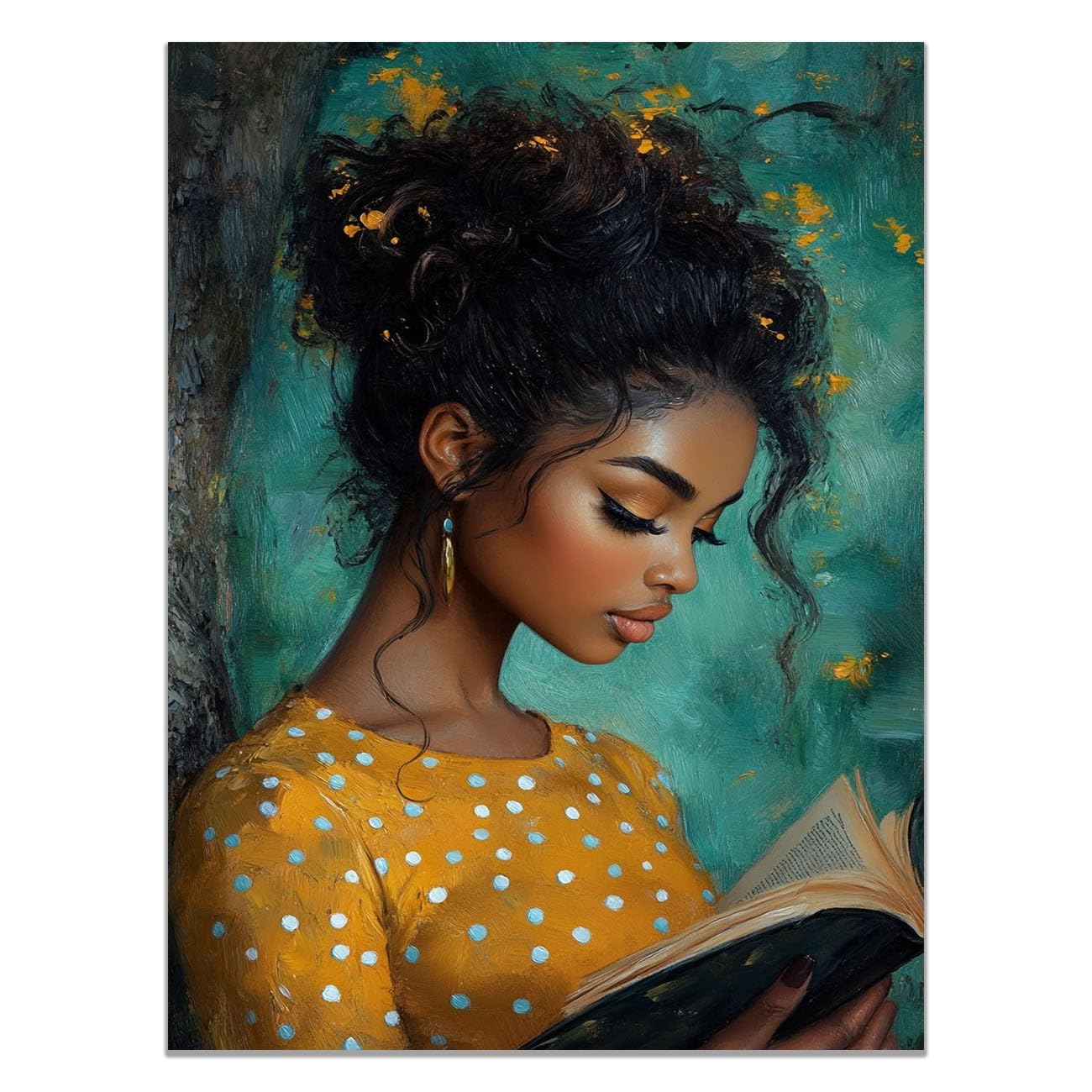 QUSAAOU Black Woman Canvas Wall Curly Lady Reading Polka Dot Top landscape Graffiti Canvas Art Posters Prints African Woman Modern Picture For Living Room Bedroom Office(teal)-30x45cm1 Unframed