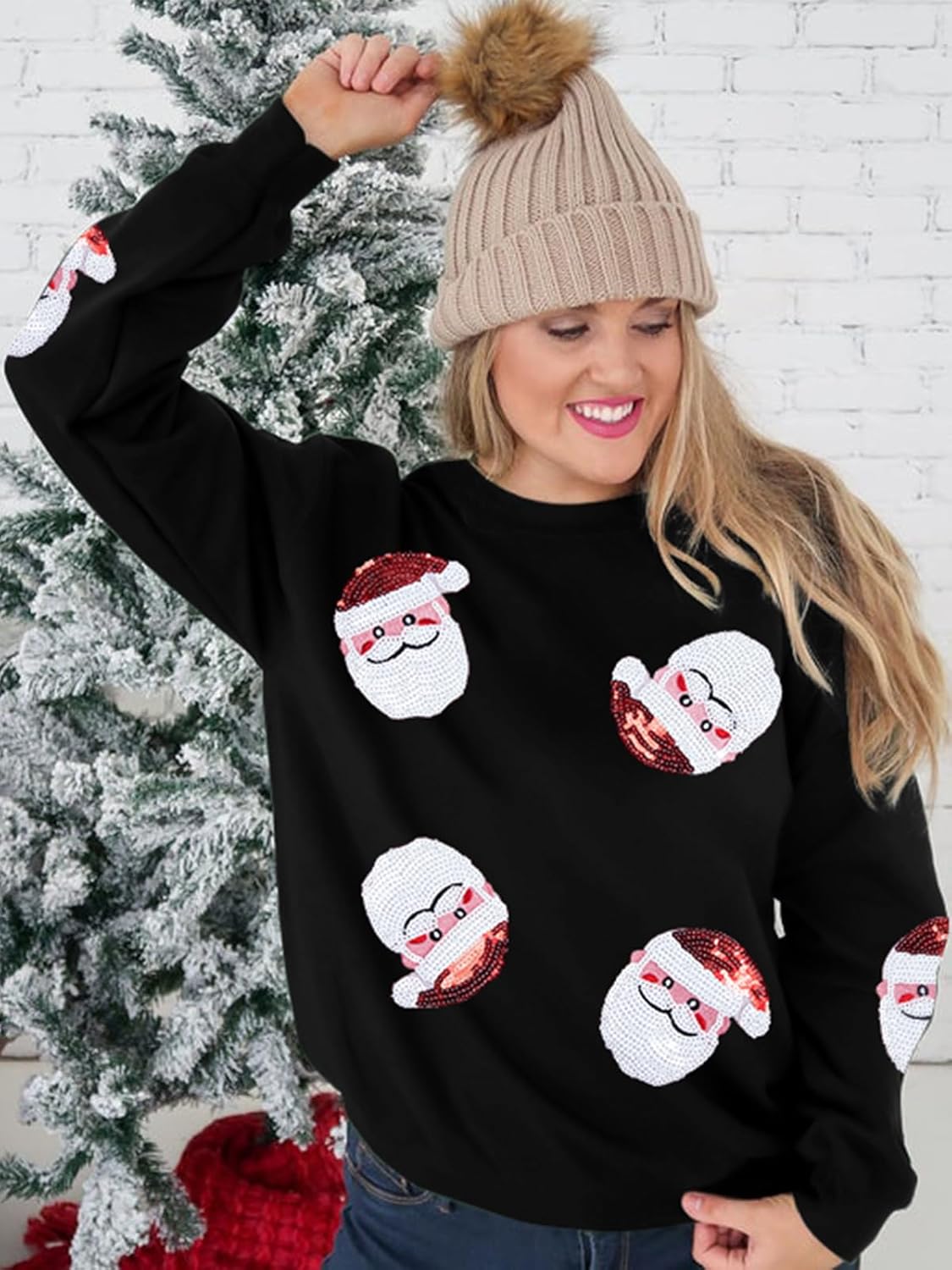 UNIQUEONE Womens Christmas Sweatshirt Sequin Santa Shirt Cute Chirstmas Graphic Tees Chirstmas Crewneck Long Sleeve Tops - Image 3