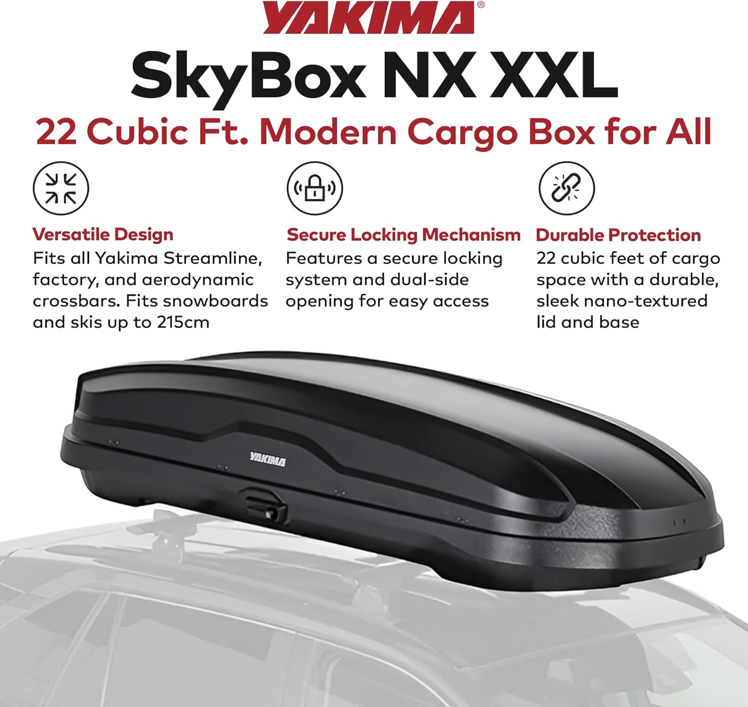 Yakima Car Roof Cargo Carrier, SkyBox NX XXL Rooftop Hard Shell Box with SKS Lock, Black - Heavy-Duty Vehicle Storage Accessories for Travel and Camping