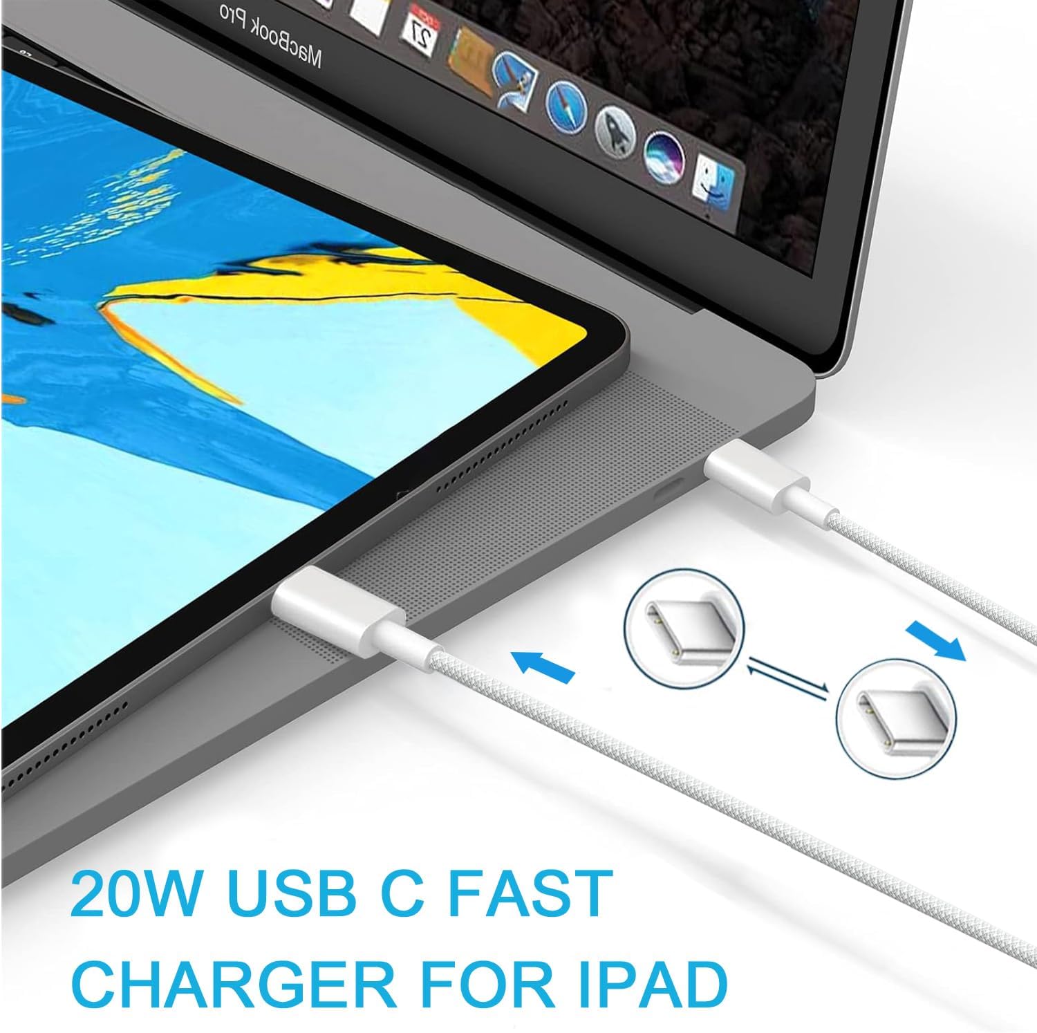 6.6 Ft USB C Fast Charger Cable Fit for iPad 10th Generation 10.9 inch (2022) A2757 A2696 iPad Tablet 20W Wall Charging Block Adapter with USB C to Type C Woven Power Cord Wire