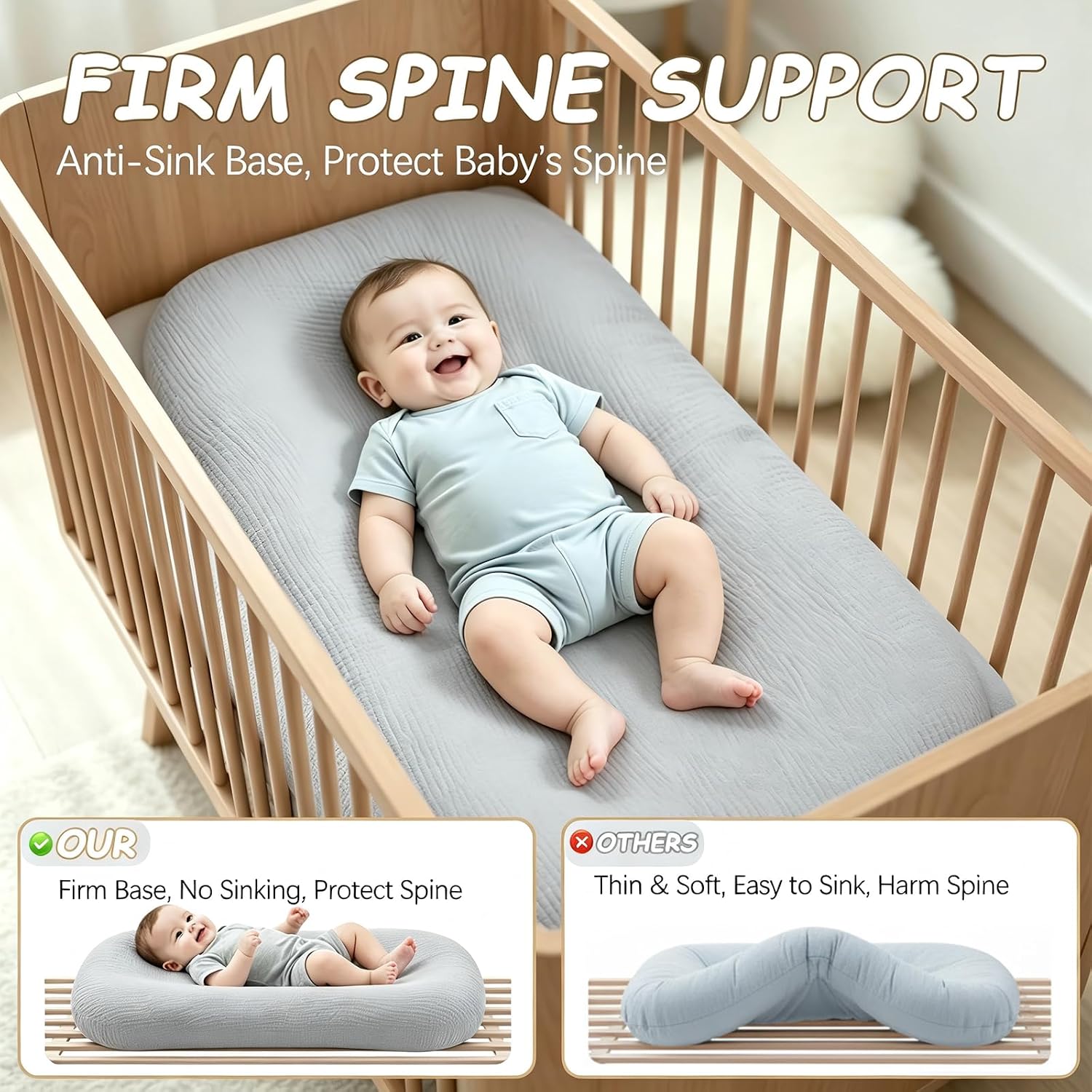 Infant Support Cushion, Extra Large Muslin Baby Lounger for Newborn, Portable Breathable Soft Newborn Support Pillow for Home Travel, Includes 1 Lounger+ 1 Replacement Cover, Gray