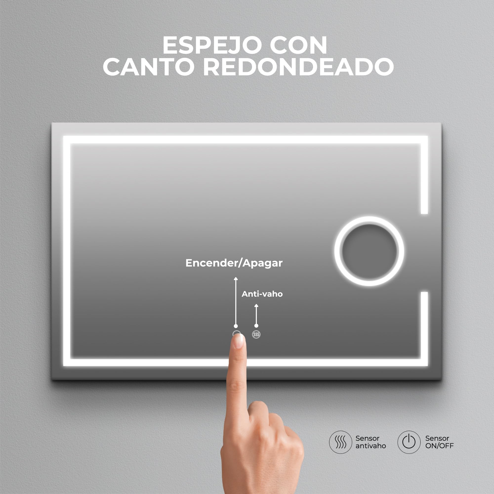 NOLUXA LEDIMEX - Espejo Baño 90x80cm con Luz LED, Antivaho y x3 de Aumento | Espejo Inteligente con Luz Frontal Tri-LED (Cálida, Neutra y Fría), Regulador de Intensidad y Sensor ON/Off | Serie Malta