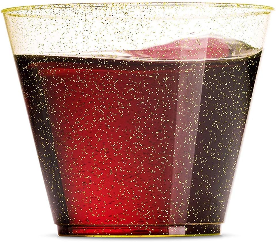 EASERCY Glitter Plastic Cups Gold Glitter Disposable Cups 9 Oz 100 Pack Clear Plastic Cups Old Fashioned Tumblers Recyclable Wine Glasses for Parties Elegant Plastic Party Cups Wedding Decorations