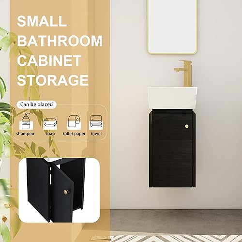 Miniatura 6 de Tocador de baño pequeño de 12 pulgadas con fregadero, juego de tocador de baño montado en la pared con parte superior cuadrada de cerámica y armario