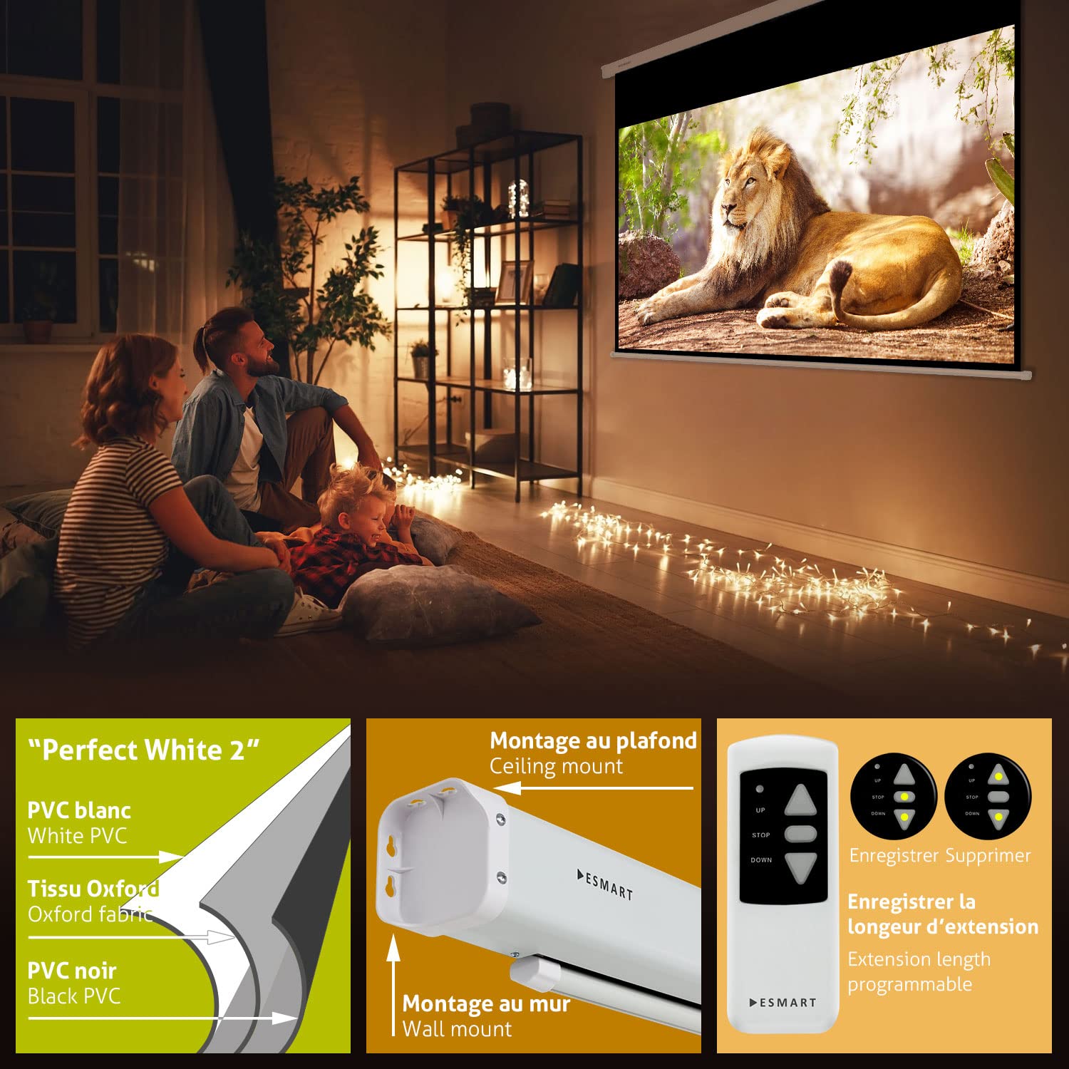 ESMART Professional MIMOTO Projection Screen Motor 221 x 125 cm (100") 16:9 | Programmable Remote Control | Home Theater Electric Projector Projection Screen Motor Screen - 3