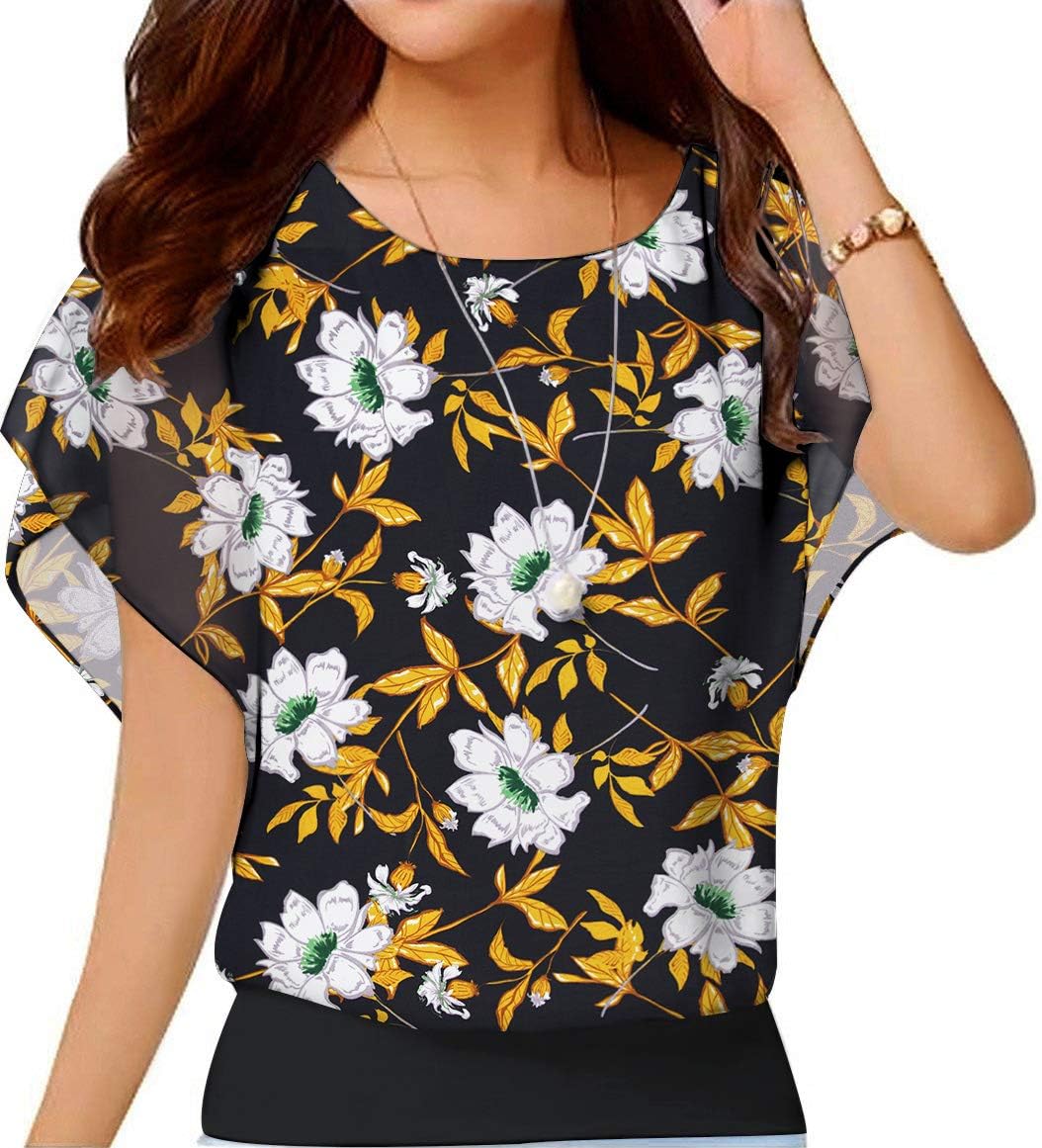 Neineiwu Women's Summer Loose Casual Short Sleeve Chiffon Top T-Shirt Blouse