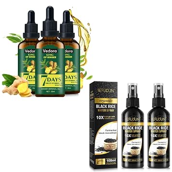 Vedora Hair Growth & Shining Bundle 3pc King of Ginger Oil & 2pc Organic Black Rice Water Spray