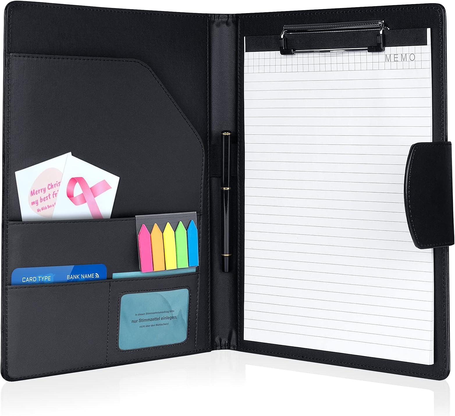 Clipboard Folder DIN A4, Leather Document Case Clip Board with Magnetic Closure Cover, for Work Writing Conference Folder Legal Pad with A4 Paper &Sticky Arrow Tabs &Pen, Black