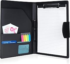 Clipboard Folder DIN A4, Leather Document Case Clip Board with Magnetic Closure Cover, for Work Writing Conference Folder Legal Pad with A4 Paper &Sticky Arrow Tabs &Pen, Black