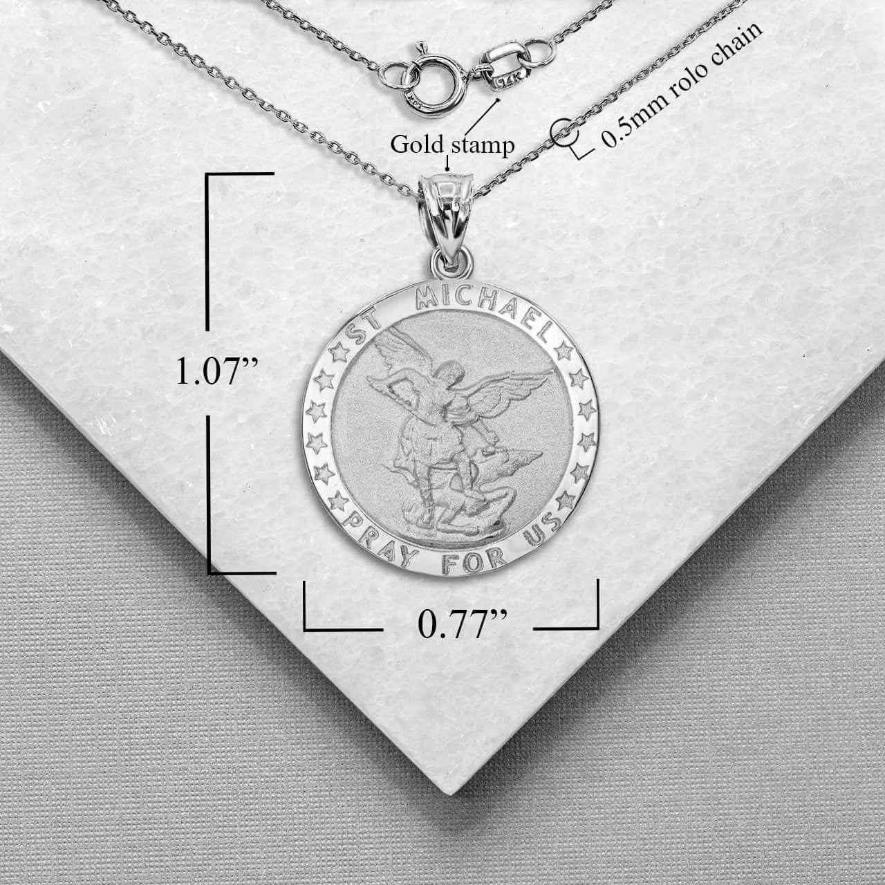 Solid 10K and 14K White Gold 1” Round Saint Michael The Archangel Pray For Us Medal Pendant Necklace - Choose Pendant Only or Necklace w/ 16”-22” Chain