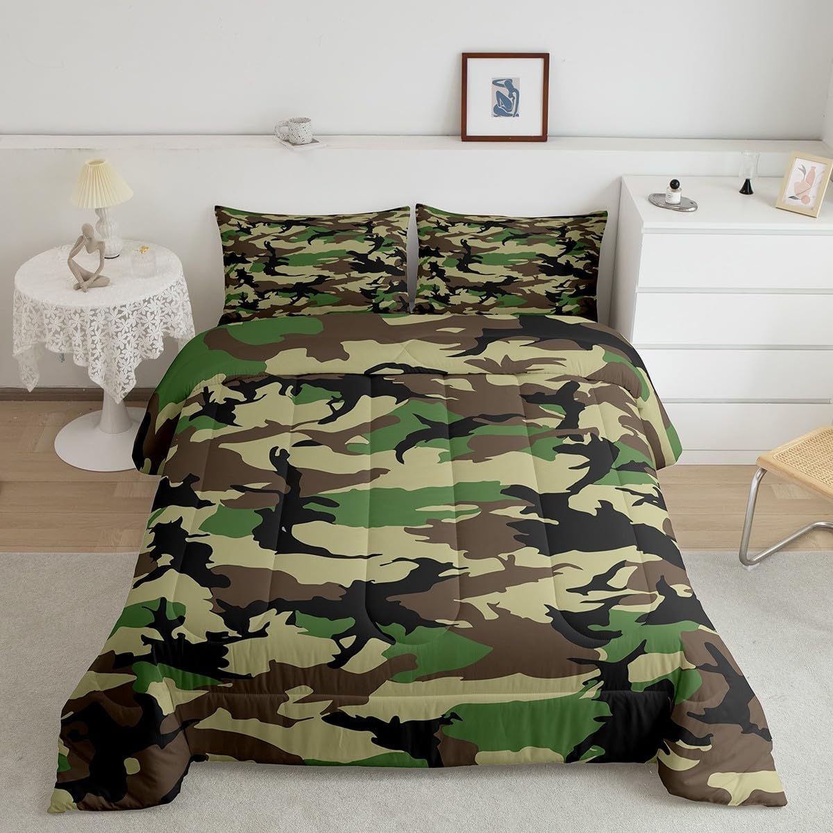Feelyou Camouflage Bedding Set Soft for Boys Girls, Camo Comforter Set Twin Size Military Style Duvet Quilt Microfiber Wild Bedroom Decor Amry Green 2 Pcs with 1 Pillow Cases